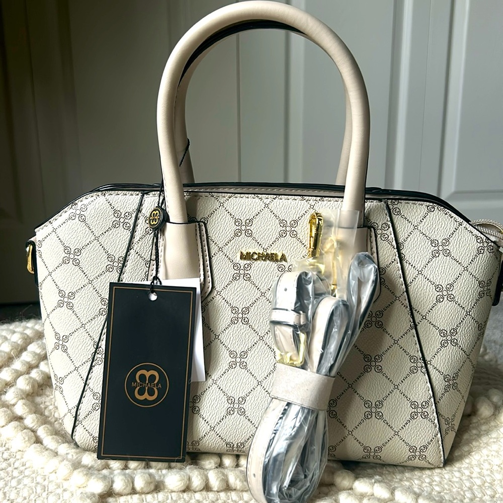 Michaela Cream and Black Satchel Bag Gold Accents NWT